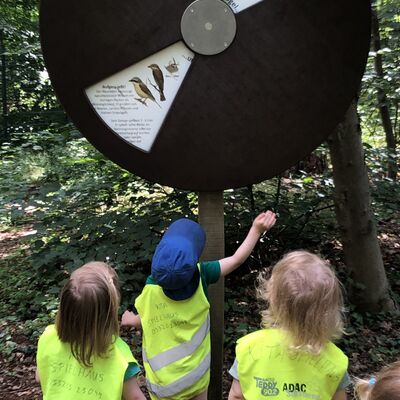Bild vergr&ouml;&szlig;ern: Kita Spielhaus - Kinder schauen eine Drehtafel mit unterschiedlichen Vogelabbildungen an