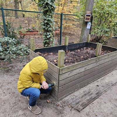 Bild vergr&ouml;&szlig;ern: Ein Kind schraubt ein altes Hochbeet auseinander.