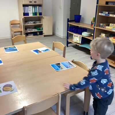 Bild vergr&ouml;&szlig;ern: Auf einem Tisch liegen f&uuml;nf Bilder f&uuml;r die Namensvorschl&auml;ge. Ein Kind steht am Tisch und &uuml;berlegt, welches Bild seinen Edelstein erh&auml;lt.