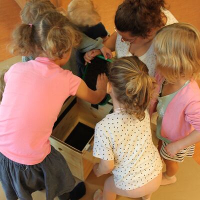 Die W&uuml;rmer werden in die gro&szlig;e Wurmkiste gekippt. Ein Kind hilft mit den H&auml;nden beim Auskippen.